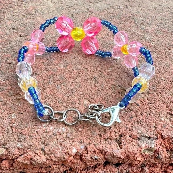 Pink, Faux Crystal, and Blue Floral Beaded Bracelet with Silver Colored Accents - Picture 2 of 2